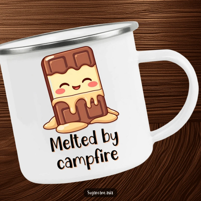 Funny Kawaii chocolate bar character melting with happiness, a humorous and durable camping mug design.
