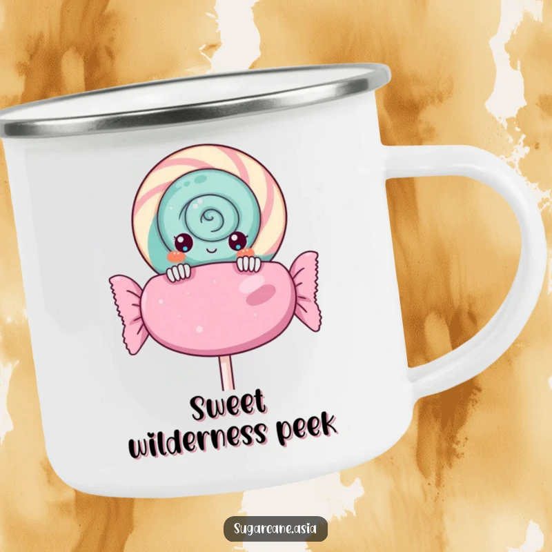 Funny Kawaii lollipop enamel camping mug, curiously peeking over a giant candy wrapper, ready for sweet adventures with anime charm.