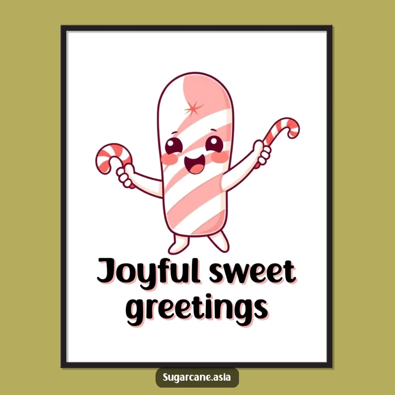 Funny Sugarcane Digital Art, Candy Cane Waving Joy, Instant Funny Gift Decor