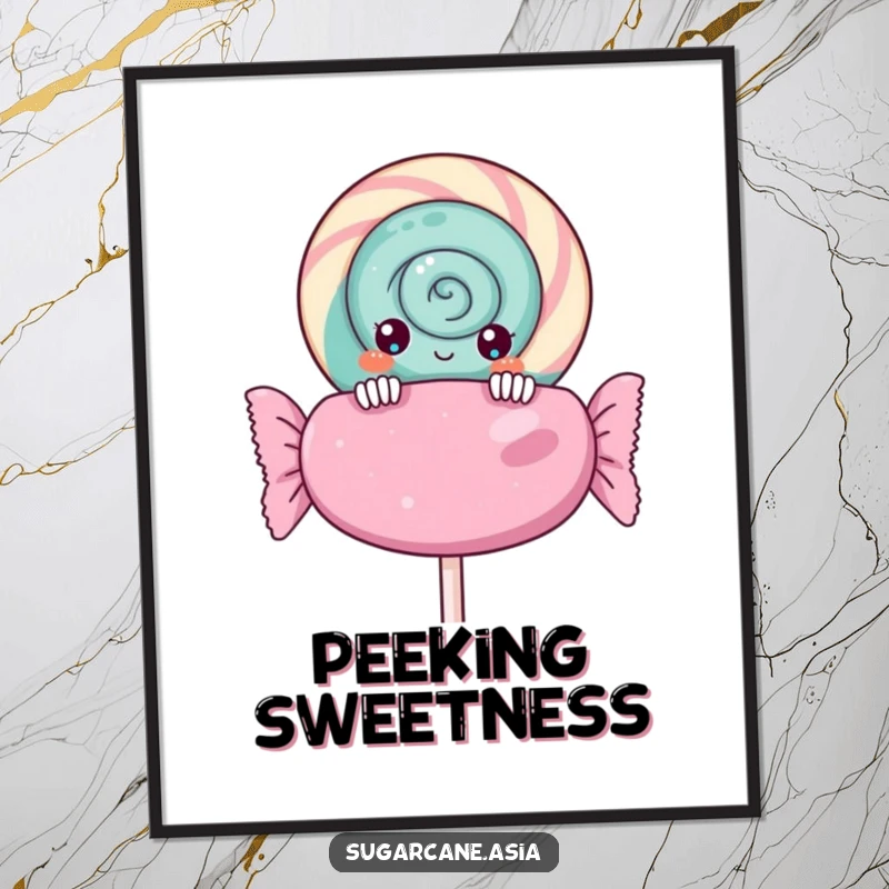 Funny Kawaii lollipop digital art print, curiously peeking over a giant candy wrapper, embodying sweet mischief and anime charm.