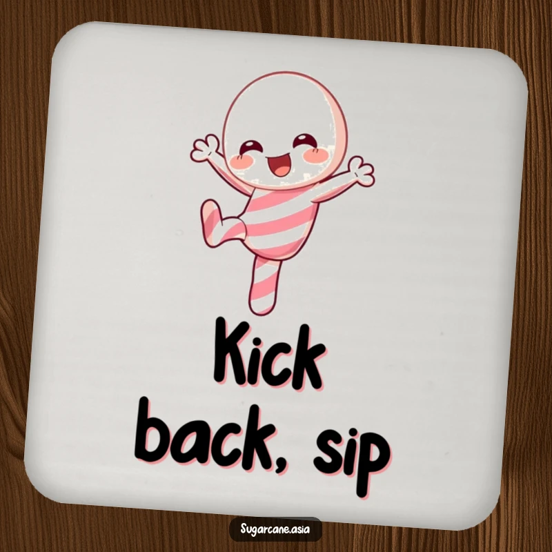 Funny Kawaii candy cane drink coaster, joyfully doing a playful kick, offering festive protection with anime charm for tables.