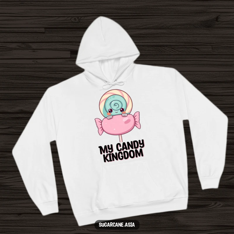 Funny Kawaii lollipop hoodie, curiously peeking from behind a giant candy wrapper, radiating sweet warmth and anime charm.