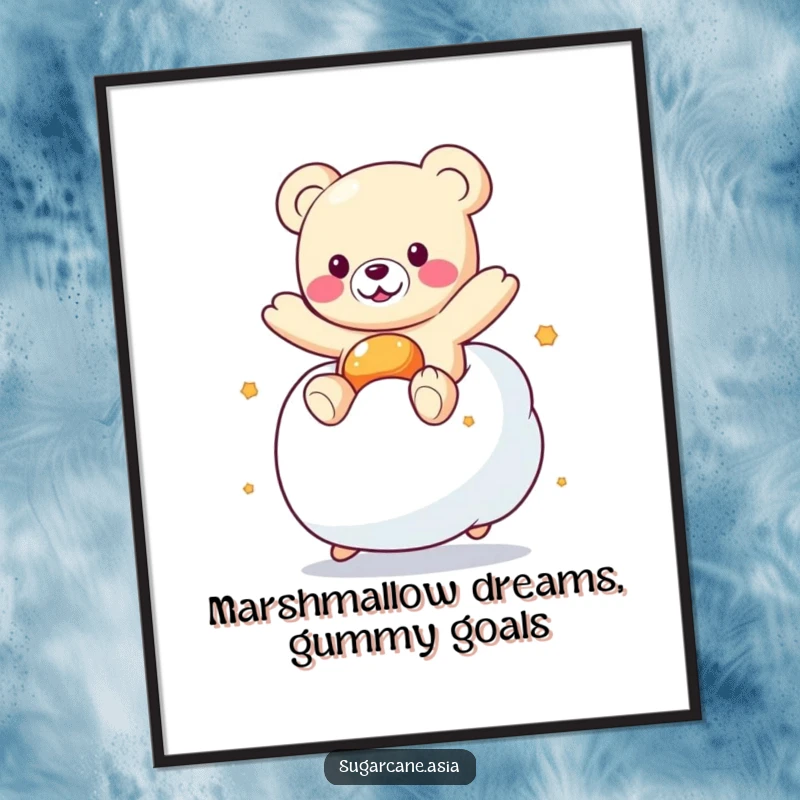 Funny Free Printable Wall Art showcasing a vibrant Kawaii gummy bear happily bouncing high on a giant soft marshmallow.