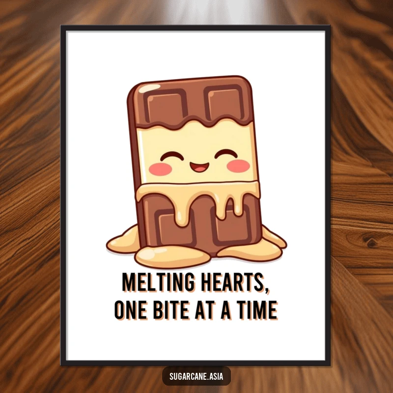 Funny Free Printable Wall Art depicting a happy, giggling Kawaii chocolate bar character melting slightly with utter delight.