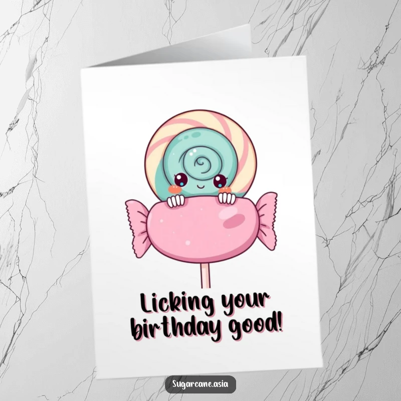 Funny Free Printable Birthday Card featuring a curious Kawaii lollipop character peeking shyly over a massive, colorful candy wrapper.