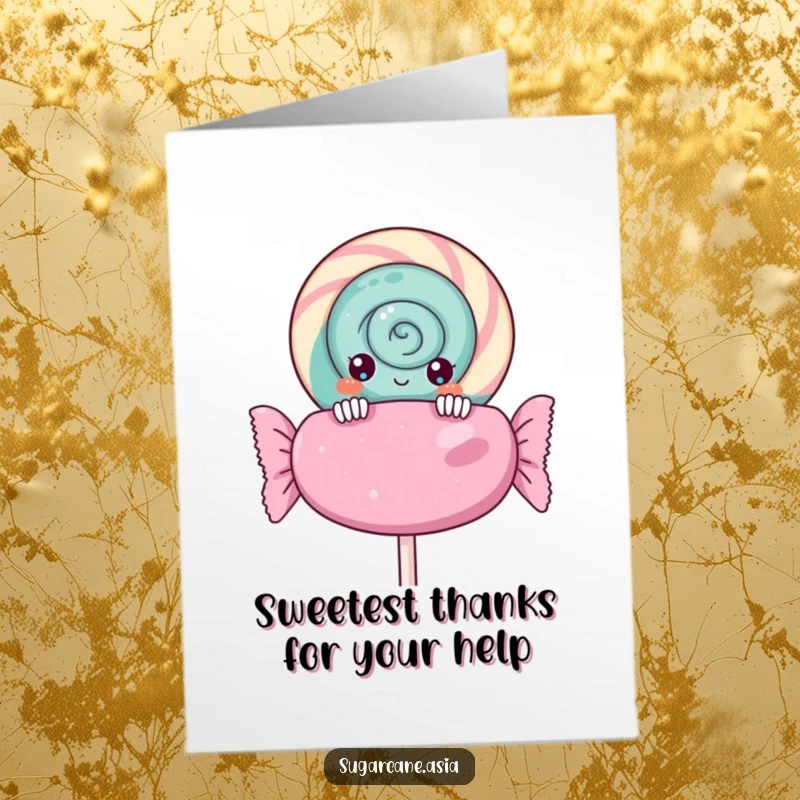 Funny Free Printable Thank You Card featuring a curious Kawaii lollipop character peeking over a supersized, eye-catching candy wrapper.
