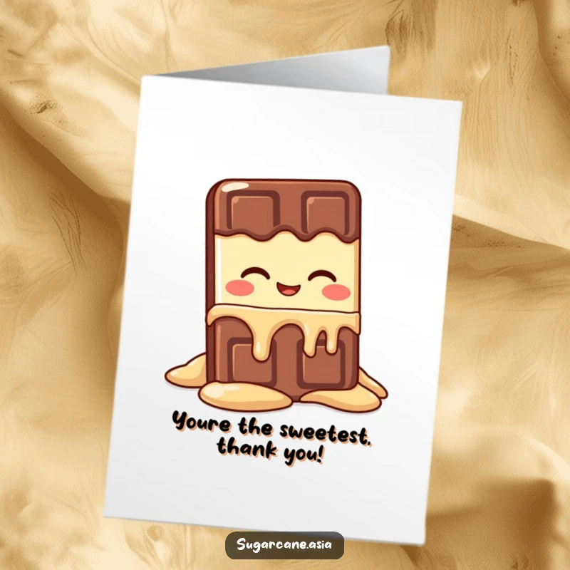 Funny Free Printable Thank You Card featuring a giggling Kawaii chocolate bar character experiencing pure melting delight.