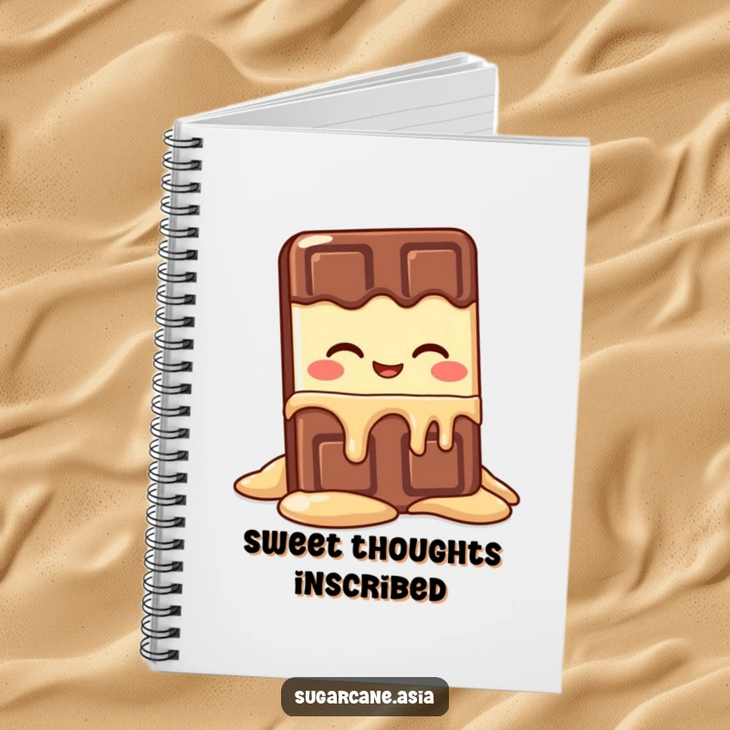Funny Kawaii chocolate bar character melting happily, ideal for a cute, humorous notebook cover.