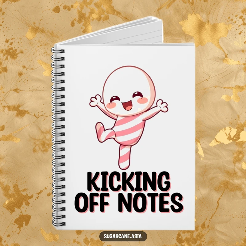 Funny Kawaii candy cane notebook, joyfully performing a playful kick, symbolizing festive inspiration and anime charm for notes.