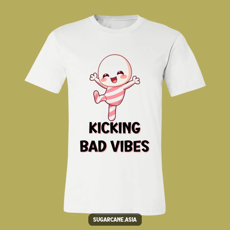 Funny Kawaii Candy Cane T-Shirt: Playful Kick Action, Festive Funny Gift Apparel