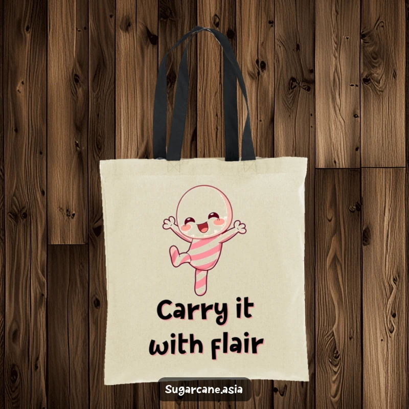 Funny Kawaii candy cane tote bag, performing a playful kick with joyful energy, showcasing festive anime charm for shopping trips.